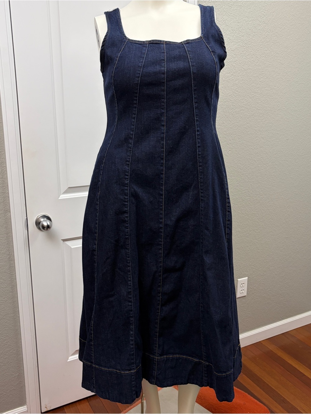 Aligne Dove Indigo Denim Midi Dress Square Neck A-Line US 14